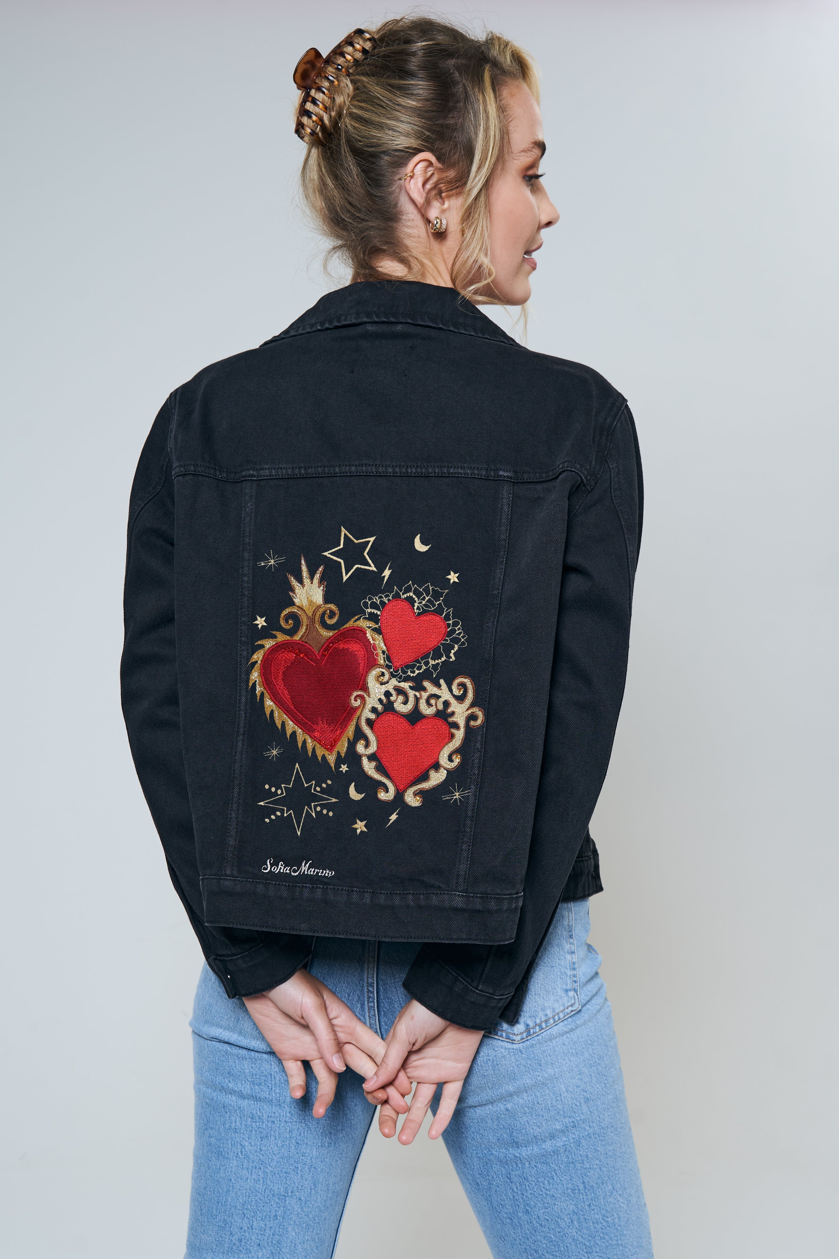 Embroidered black denim best sale jacket
