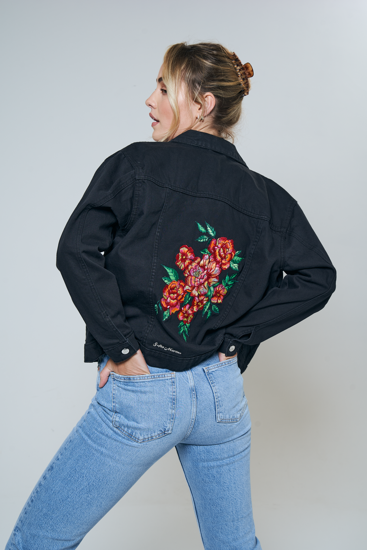 Black denim top jacket with roses